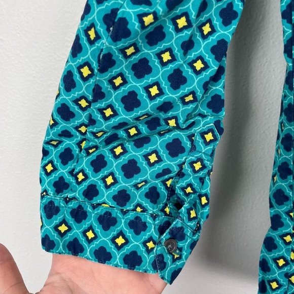 Lands' End Geometric Tile Pattern Button Up Top Workwear Office Blue Teal - Picture 2 of 6